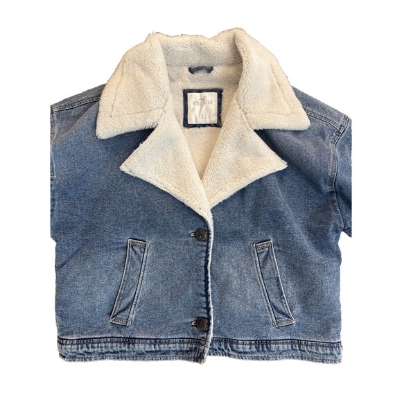 Hollister Faux Sherpa Lined Denim Jacket Blue Jean Coat Fur Collar Womens XL - Picture 2 of 6